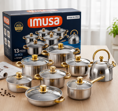 Juego de Ollas IMUSA de Acero Quirúrgico  – 12 Piezas + Tetera GRATIS
