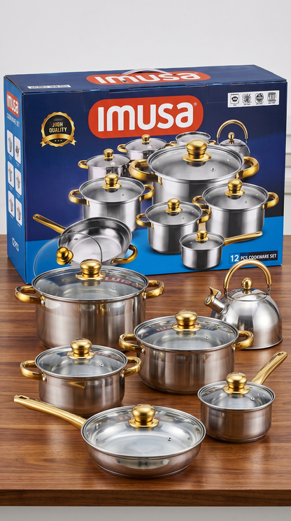 Juego de Ollas IMUSA de Acero Quirúrgico  – 12 Piezas + Tetera GRATIS